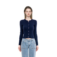 BM開(kāi)衫女毛衣針織麻花圓領(lǐng)新款2025藏青純色高腰露臍顯瘦短開(kāi)衫外套 藏青色 均碼