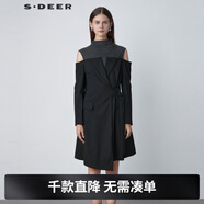 S.DEER圣迪奧2022女裝半高領(lǐng)露肩條紋收腰不規則通勤休閑連衣裙 黑色/91 L 170