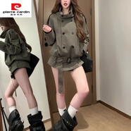 皮爾卡丹（pierre cardin）巨好看的立領(lǐng)短款風(fēng)衣外套2025早秋季穿搭新款復古雙排扣百搭大衣 卡其綠【超好看小個(gè)子雙排扣設計感立領(lǐng)風(fēng)衣】 M 【甜美可愛(ài)】