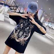 SHIROMA 虎頭短袖寬松大t恤女bf風(fēng)中長(zhǎng)款韓版夏裝chic上衣港味個(gè)性潮流款 黑色 S