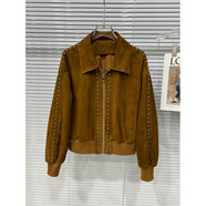 康多蜜翻毛反絨真皮皮衣女2025春秋新款山羊皮短款機車(chē)皮夾克搭配鉚釘 酒紅色 2XL