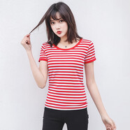 途尊（kingtrip）夏季?；晟滥卸绦銽恤條紋圓領(lǐng)水手服女海軍風(fēng)棉T半袖情侶裝寬松 女 紅色 2XL
