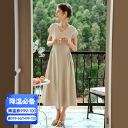 Olrain歐芮兒深灰色連衣裙女裝夏季新款時(shí)尚收腰顯瘦傘擺裙子 裸杏色 M