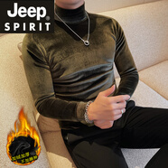 JEEP SPIRIT吉普半高領(lǐng)t恤男長(cháng)袖秋冬季加絨加厚保暖修身中領(lǐng)打底衫緊身體恤 軍綠色（金絲絨） 加厚 M (100-110斤)