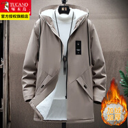 啄木鳥(niǎo)夾克男外套中長(cháng)款韓版潮流中青年男士春秋季休閑連帽男裝 駝色加絨 XL