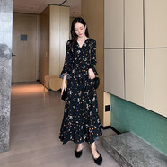 中長(cháng)款v領(lǐng)長(cháng)袖方領(lǐng)淑女喇叭袖公主裙法式印花復古休閑秋冬裝新款 圖片色 M