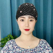 恒久葉繡花包頭帽春秋薄款遮白發(fā)女2025新款民族風(fēng)盤(pán)發(fā)頭巾 黑色釘珠加鉆_包頭帽_均碼