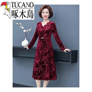 啄木鳥(niǎo)（TUCANO）媽媽裝秋裝新款長(cháng)袖金絲絨打底裙中年女裝時(shí)尚氣質(zhì)顯瘦連 紅色旗艦款 XL (建議90-105斤) 收藏旗艦款