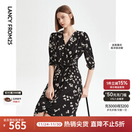 朗姿【明星同款】黑色復古碎花顯瘦連衣裙夏季新款氣質(zhì)裙子 黑色 S