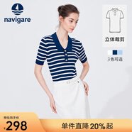 Navigare意大利小帆船短袖針織衫女士夏季顯瘦時(shí)尚條紋POLO衫V領(lǐng)毛衣T恤衫 海軍藍/白 L 碼