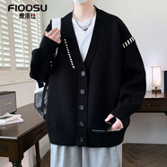 費洛仕開(kāi)衫毛衣男秋冬季新款美式寬松慵懶風(fēng)V領(lǐng)針織外套男士毛線(xiàn)衣夾克 9017黑色 M （90-110斤）