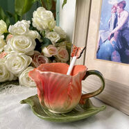 心花怒放粉玫瑰杯子陶瓷杯創(chuàng  )意茶杯套裝咖啡杯花草茶具家居歐式杯碟勺組合 橙色郁金香杯碟勺