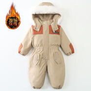 WONST25款加絨加厚連體服冬季新款雙開(kāi)拉煉滑雪服連體衣寶寶爬服哈衣潮 拼色卡其色加絨加厚 110碼建議身高100CM左右 均碼