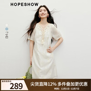 紅袖（hopeshow）奧萊夏季新款女裝波西米亞度假風(fēng)插肩袖貝殼流蘇圓領(lǐng)連衣裙 米白004 S