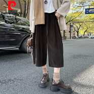皮爾卡丹（pierre cardin）燈芯絨七分闊腿褲女2025秋冬新款藏青色靴褲百搭修身顯瘦休閑褲子 咖色 L