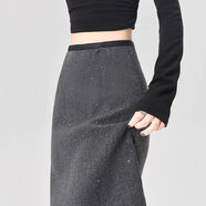 小紅書(shū)同款灰色長(cháng)款亮片閃閃毛呢半身裙女秋冬季掐腰a字呢子直筒 2024冬裙止步加絨加厚微胖掐腰裙淺色冬天千金穿搭 S S建議80-95斤