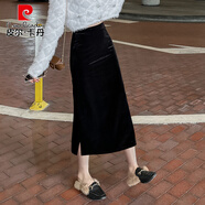 皮爾卡丹（pierre cardin）加絨加厚金絲絨半身裙女小個(gè)子包臀裙秋冬高腰開(kāi)叉復古顯瘦一步裙 黑色裙長(cháng)80 春秋 XS