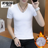 費洛仕無(wú)痕短袖T恤男冬季加絨加厚半袖修身百搭內衣絨V領(lǐng)打底衫保暖秋衣 805加絨短袖白色 2XL 140-155斤