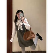 園翌小香風(fēng)套裝裙女秋冬氣質(zhì)名媛灰色毛呢背心連衣裙蝴蝶結襯衫兩件套 灰色背帶裙 S