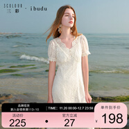 三彩2025夏季新款V領(lǐng)短袖蕾絲裙高腰連衣裙吊帶裙兩件套