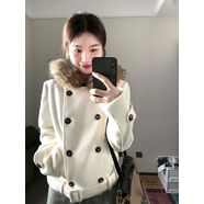 小紅書(shū)甄選韓系毛領(lǐng)雙排扣連帽短外套女秋冬新款收腰保暖加厚設計 淺米色 S S