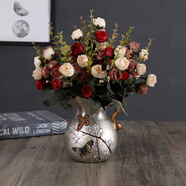 蒂拉歐式復古陶瓷花瓶擺件假花仿真花花藝套裝創(chuàng  )意家居裝飾品擺設 青梅蝶舞花瓶+3束紅白古典茶玫