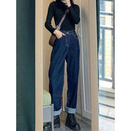 馬丁靴褲子深藍色大碼牛仔褲胖mm適合胯大腿粗顯瘦穿搭卷邊直筒褲 藍色長(cháng)褲 S S建議80-90斤