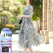 凰都夫人真絲連衣裙女2024夏季新款優(yōu)雅飄逸桑蠶絲不規則潮流印花 灰色 M