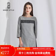 名師路新品冬季氣質(zhì)簡(jiǎn)約圓領(lǐng)拼接直筒七分袖羊毛呢連衣裙女 灰色83 M