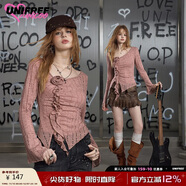 UNIFREE25年秋款甜酷辣妹立體花朵裝飾喇叭袖長(cháng)袖T恤 粉色  XL 