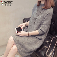 啄木鳥(niǎo)（TUCANO）2025秋冬新款加絨加厚半高領(lǐng)保暖針織打底衫內搭中長(cháng)款包臀毛衣女 【灰色】 M 80斤-95斤穿
