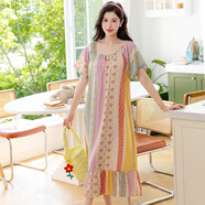 沛阮韓版綿綢加長(cháng)款棉綢睡裙女士短袖加大碼睡衣女夏季人造棉布家居服 波西米亞-長(cháng)裙 XL 【建議120-140斤】