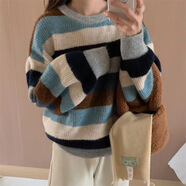 日本JP秋冬撞色條紋加厚毛衣2025新款歐貨套頭慵懶風(fēng)中長(cháng)款針織打 藍條紋 均碼