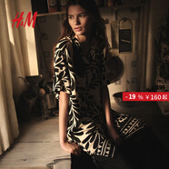 H&M女裝花卉連衣裙秋季度假風(fēng)中式立領(lǐng)寬松直筒印花連身裙1214786 白色/黑色圖案 L 170/104