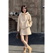 葉紫楓（YEZIFENG）時(shí)尚套裝女秋冬新款時(shí)尚洋氣保暖連帽衛衣+短裙兩件休閑套裝女 米色套裝 S