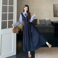 園翌英倫學(xué)院風(fēng)減齡撞色條紋襯衫拼接假兩件百褶連衣裙女針織收腰長(cháng)裙 海青藍 M 【建議90-105斤】