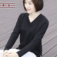 橫行道2025春裝純棉v領(lǐng)上衣中年媽媽裝長(cháng)袖t恤女裝外穿大碼竹節棉打底衫 黑色T761V領(lǐng)長(cháng)袖 M M
