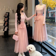 微愛(ài)的小松鼠（weiaidexiaosongshu）法式溫柔風(fēng)蕾絲拼接方領(lǐng)網(wǎng)紗連衣裙女秋冬收腰氣質(zhì)蓬蓬仙女長(cháng)裙子 粉色 S