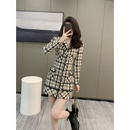 小香風(fēng)千鳥(niǎo)格粗花呢西裝連衣裙女秋冬季感氣質(zhì)收腰毛呢短裙子 千鳥(niǎo)格 S S85-100斤