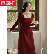 恒源祥紅色長(cháng)袖連衣裙女春秋法式訂婚禮服新娘敬酒服平時(shí)可穿紅裙子長(cháng)裙 紅色【長(cháng).袖】 S 【101-110斤】