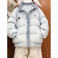 學(xué)院風(fēng)可愛(ài)印花字母格紋翻領(lǐng)棉服外套女2025冬季新款寬松保暖棉衣 藍色 S