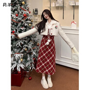 月半晴（YUEBANQING）學(xué)院風(fēng)假兩件拼接毛呢連衣裙女春冬收腰顯瘦紅色格子新年穿搭裙子 主圖色 M 建議【100-110斤】