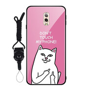 京營(yíng)三星J7plus玻璃手機殼防刮鋼化c7100保護套C8手機套定制 粉底中指貓