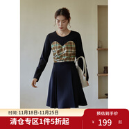 獨束大碼女裝【小森林格紋系列】拼接連衣裙女秋冬新款胖mm顯瘦絲絨裙 黑拼格紋短款 2XL