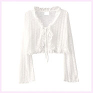 法式小坎肩罩衫夏季新款韓版溫柔風(fēng)木耳邊系帶薄款喇叭袖蕾絲開(kāi)衫 白色 S S適合85斤左右