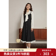 獨束[長(cháng)短款]大碼女裝復古假兩件拼接連衣裙春季微胖mm高腰顯瘦A字裙 黑色-長(cháng)款 2XL