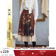 兩三事梵高文藝 繁花游弋 2025冬季新款印花雙層裙擺半身裙 紅色-y S