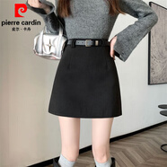 皮爾卡丹（pierre cardin）高級紋理設計感加厚毛呢半身裙女冬季新款純色高腰顯瘦a字短裙子 黑色復合有安全褲 腰帶實(shí)物為準 加厚 XS 70-80斤