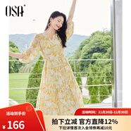 歐莎（OSA）度假風(fēng)V領(lǐng)印花連衣裙女2025夏新款寬松顯瘦海邊中長(cháng)裙氣質(zhì)小個(gè)子 黃色花 S