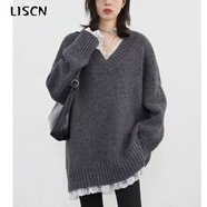 LISCN簡(jiǎn)約V領(lǐng)蕾絲秋冬灰色長(cháng)袖慵懶風(fēng)寬松上衣花邊拼接毛衣中長(cháng)款外套 灰色 XL